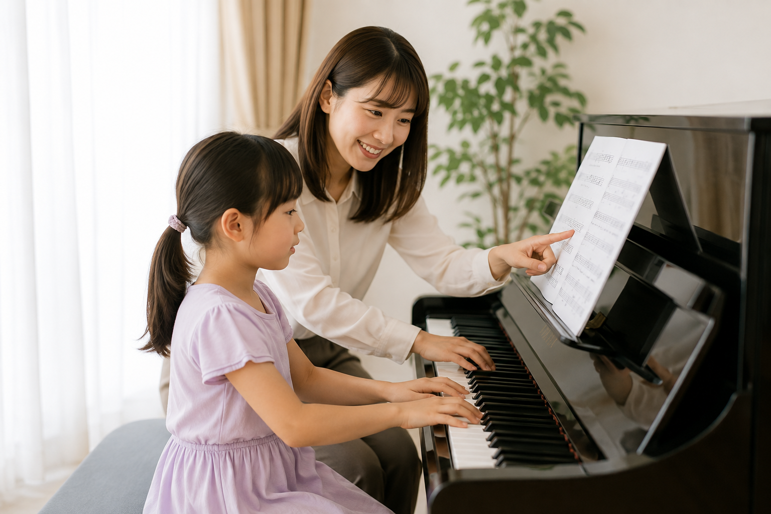 自宅でピアノレッスンを受ける親子
